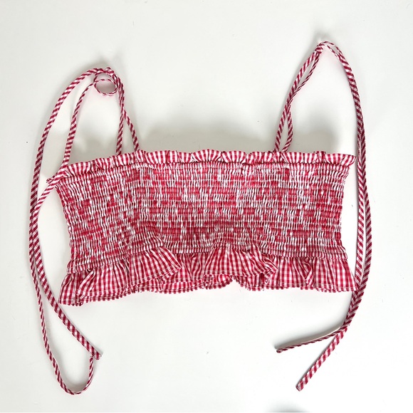 NWOT English Factory Gingham Red Plaid Smocked Ruffle Tie Crop Top - Picture 5 of 5